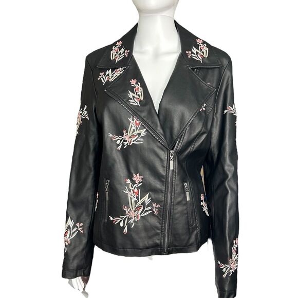 NWT Alfani Womens Black Floral Embroidered Jacket Sz S Faux Leather Moto Biker - Picture 2 of 12